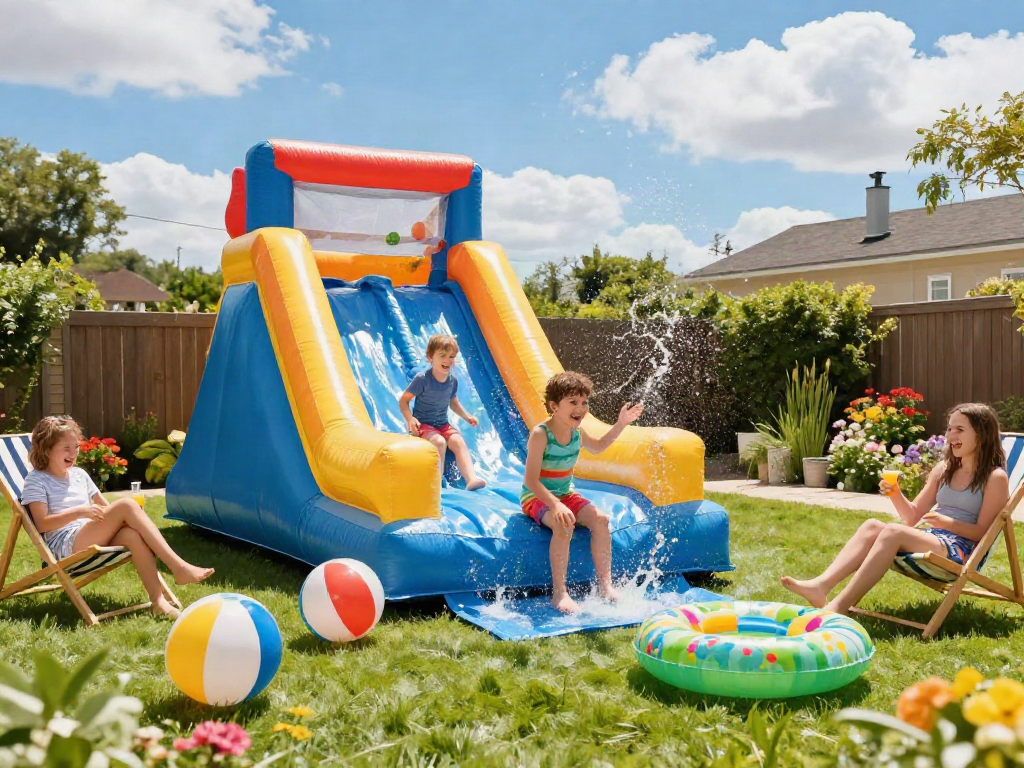 Children enjoying a colourful inflatable water slide on a sunny day, bringing summer fun to the backyard.