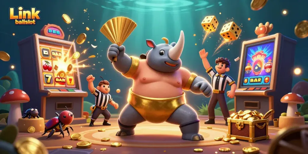 Experience the excitement of Link balislot with a dynamic 3D scene featuring a beetle sumo champion and casino elements.