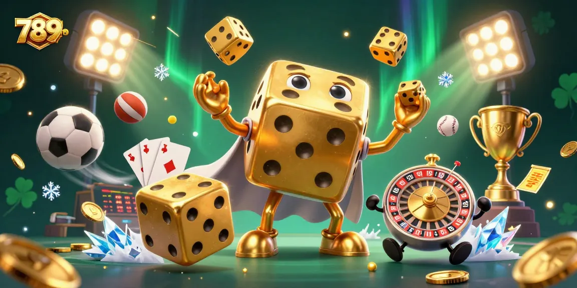 Experience exhilarating gaming with 789win's golden dice and dynamic sports elements in a 3D illustration.