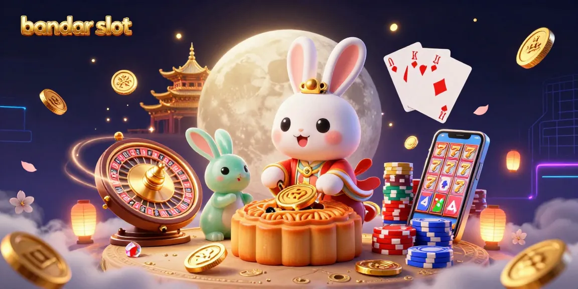 Engage with bandar slot through a vibrant scene of magical moon rabbits and lavish casino elements.