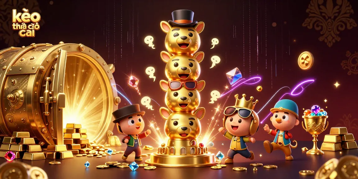 Engage with kèo nhà cái through dazzling 3D illustration of an energetic totem pole amidst treasure elements.