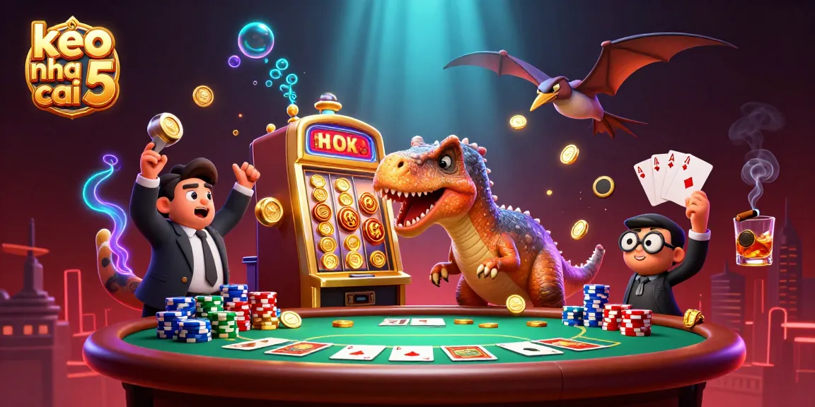 Experience keo nha cai 5 as a dinosaur wins jackpots at a casino, capturing dynamic action.