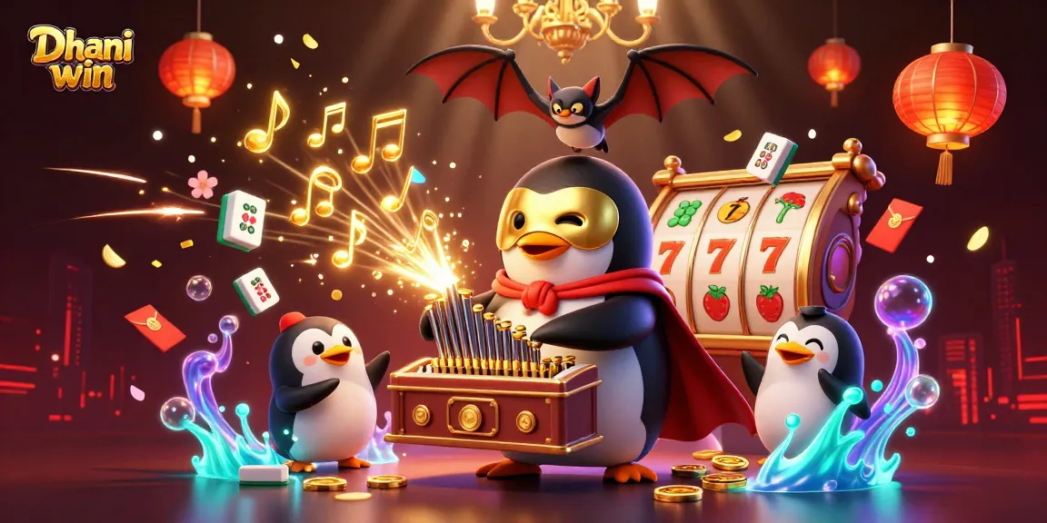 Dhani win offers exciting gameplay with a 3D phantom opera penguin and slot reels featured in a vibrant illustration.