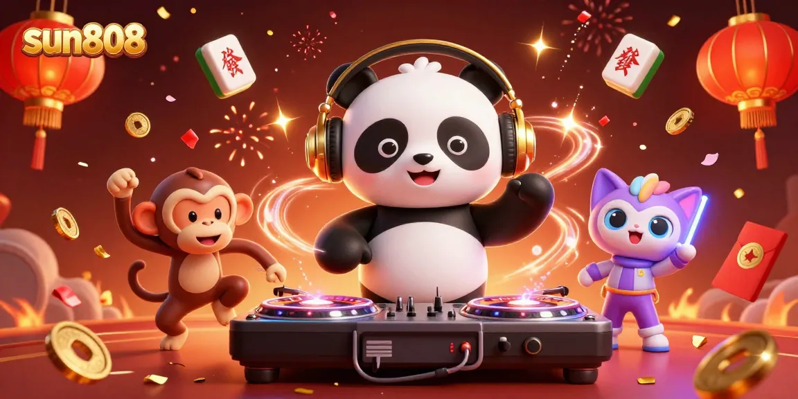Engage in thrilling action at sun808 with a vibrant casino scene featuring fun characters and exciting elements.