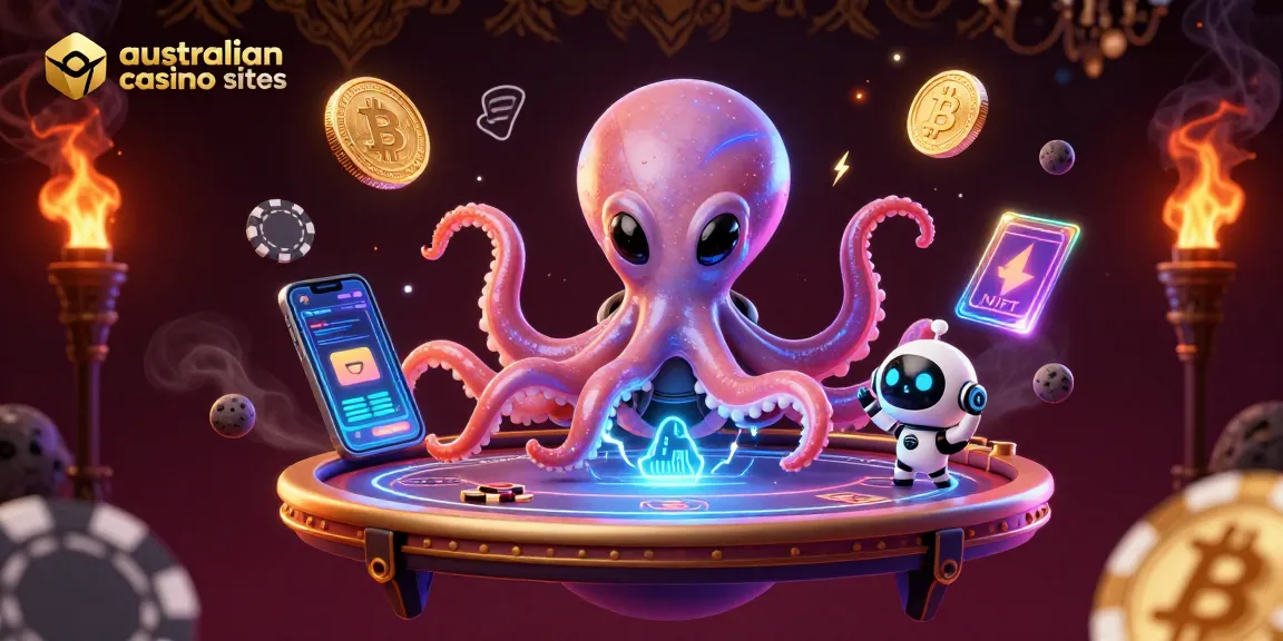 Engage with australian casino sites featuring vibrant 3D alien octopus dealing poker at a cosmic table.