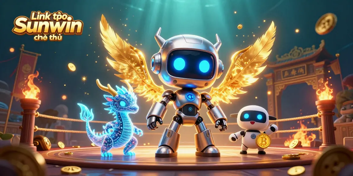 Engage with Link vào Sunwin chính thức in an animated casino scene featuring a cyberpunk robot and dragon.