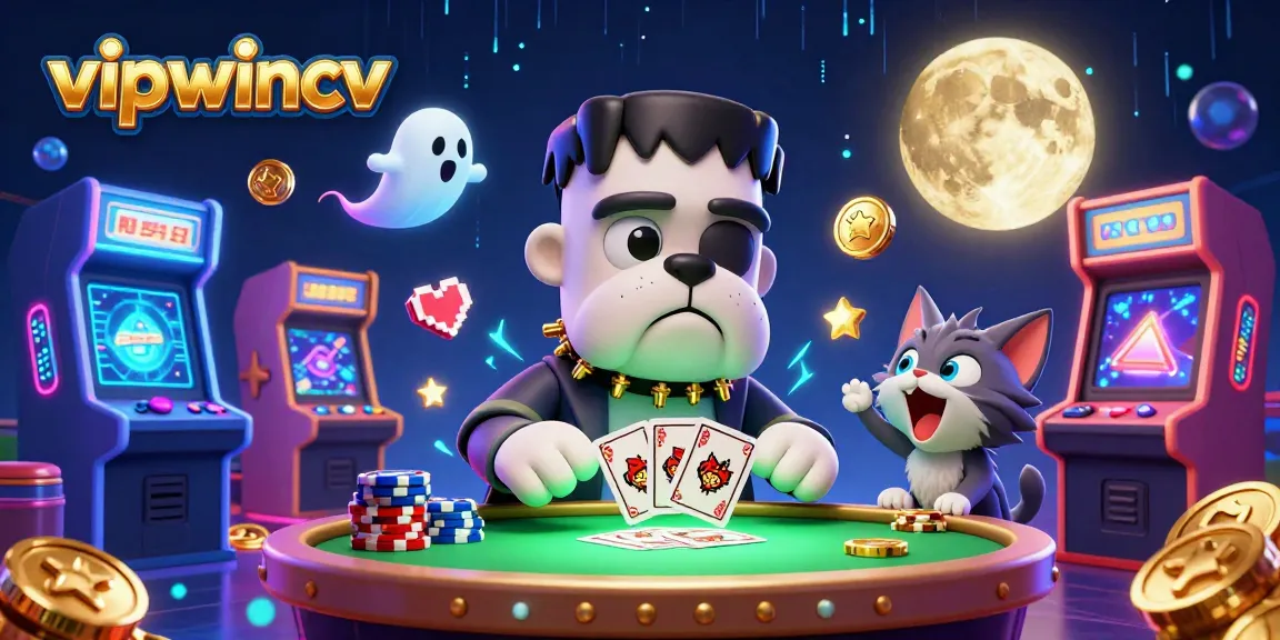 Experience the thrill of gaming at vipwincv with a vibrant illustration featuring a Frankenstein bulldog and more.