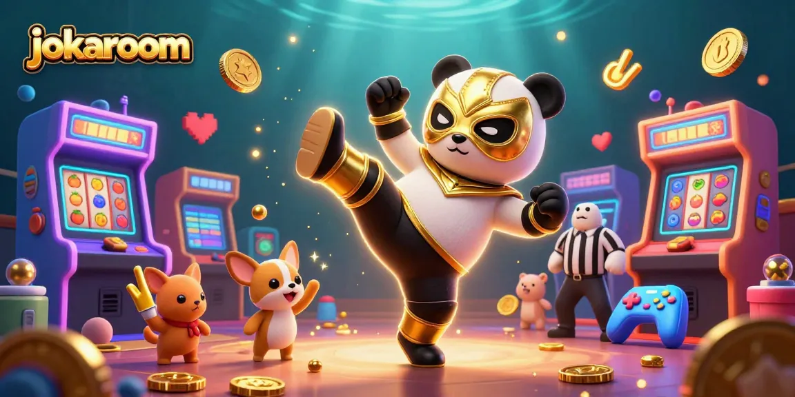Experience action and excitement at jokaroom with a thrilling 3D illustration featuring a panda wrestler and casino games.