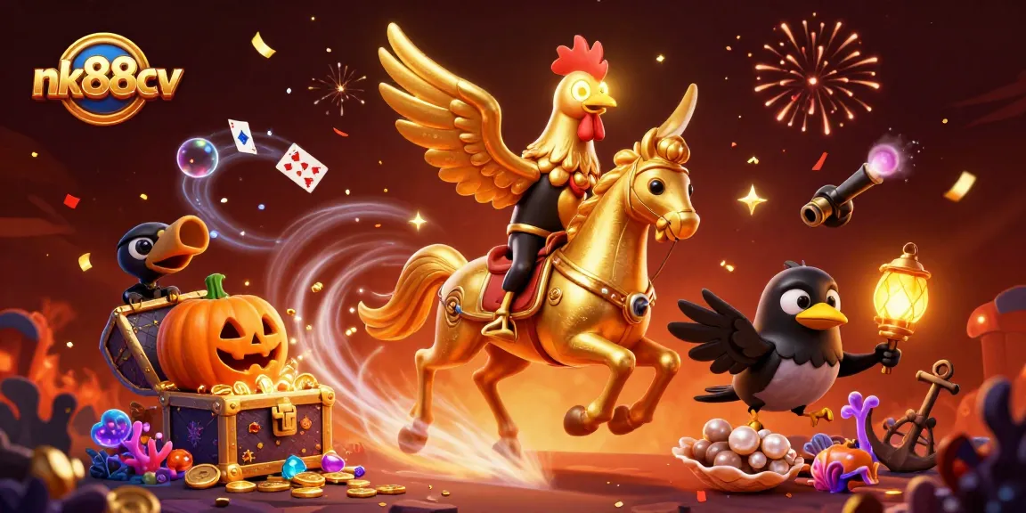 Experience excitement at nk88cv with a vivid casino scene featuring a golden rooster and treasure galore.