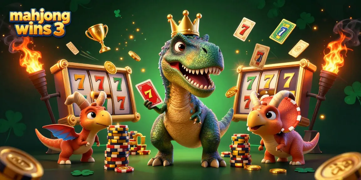 Experience exciting gameplay with mahjong wins 3, featuring cartoon dinosaurs and vibrant slot game elements.