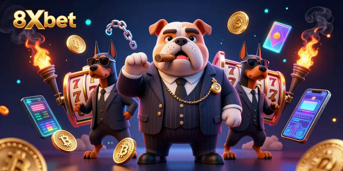 Spin the reels with 8Xbet's playful mafia boss bulldog illustration, surrounded by exciting casino elements.