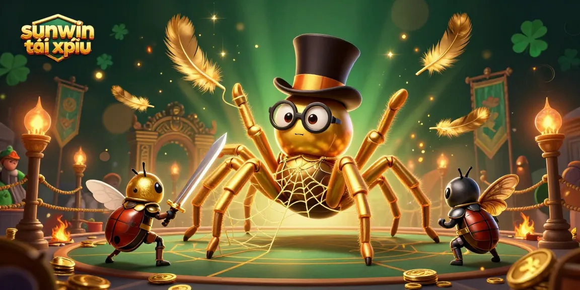 Engage in sunwin tài xỉu with a dynamic illustration of a golden tarantula, beetle knight, and moth spectators.