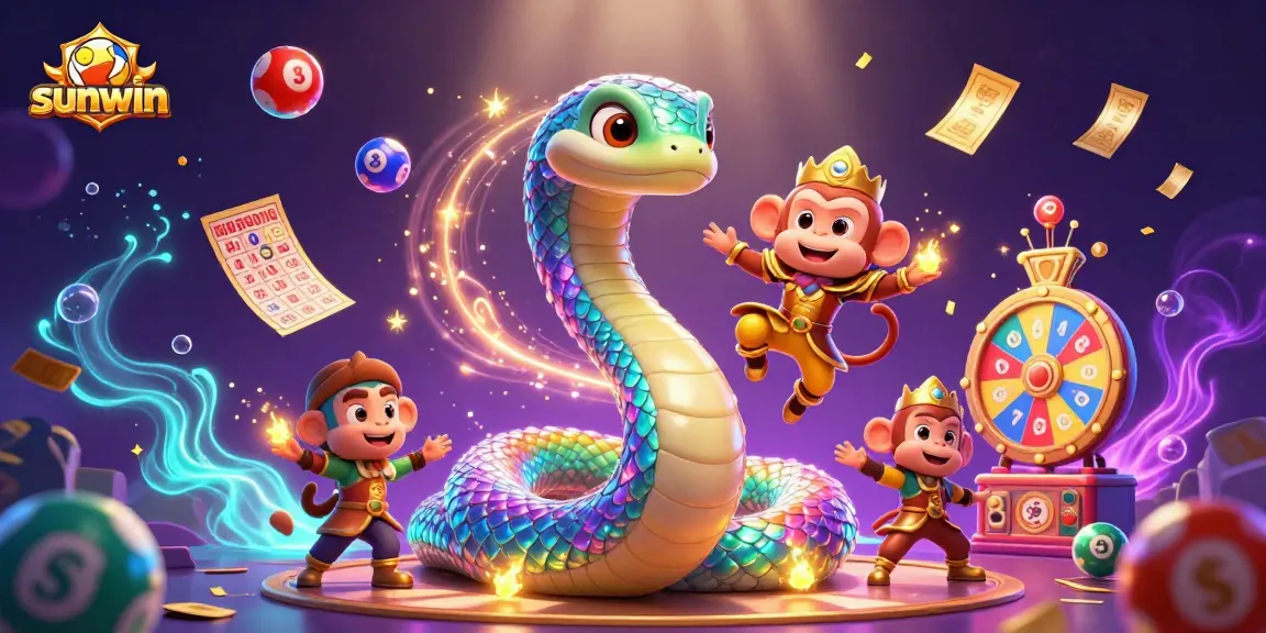 Win big at sunwin with vibrant 3D characters amidst dynamic lottery excitement and magical elements.