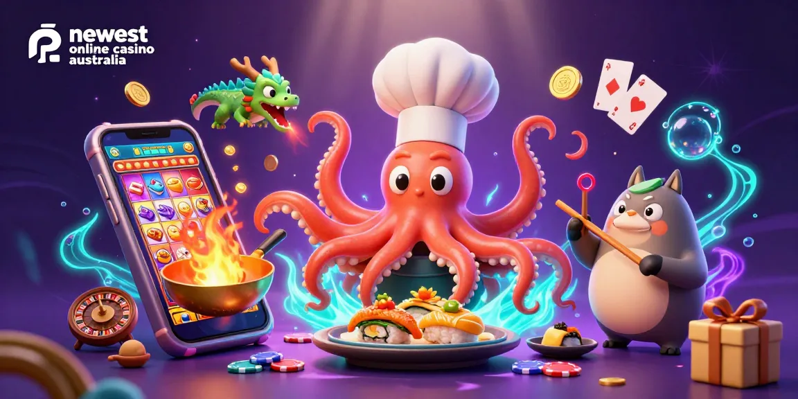 Experience the excitement at the newest online casino Australia with vibrant slot games, golden coins, and charismatic characters.